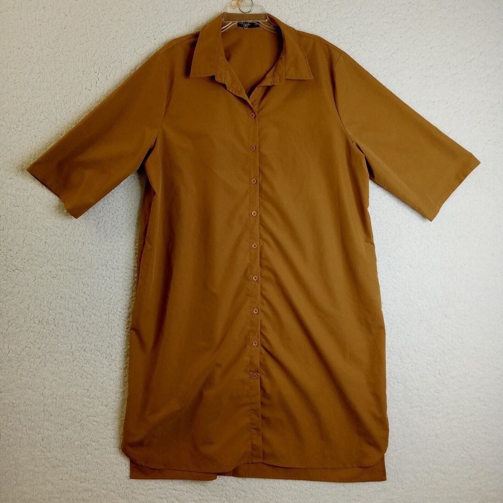 Shein Blouse Women's 4XL‎ Extra Long Gold Button Up Polyester Short Sleeve